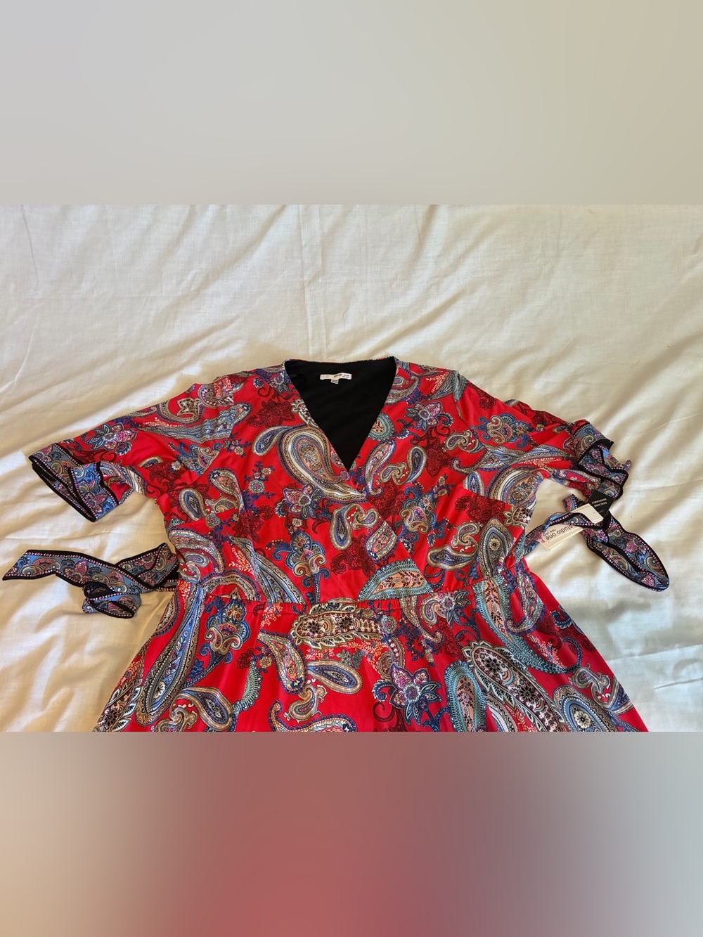 Studio One Plus Size 22W Red Paisley Faux Wrap Dress NWT Tie Waist Midi Dress - Picture 8 of 12
